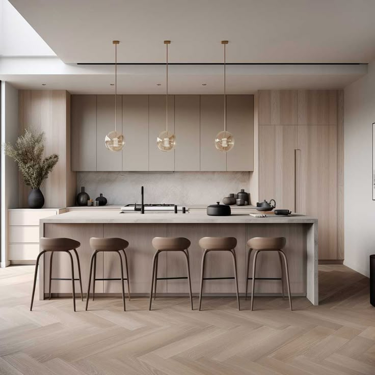 a kitchen with an island and four stools in front of the countertop area