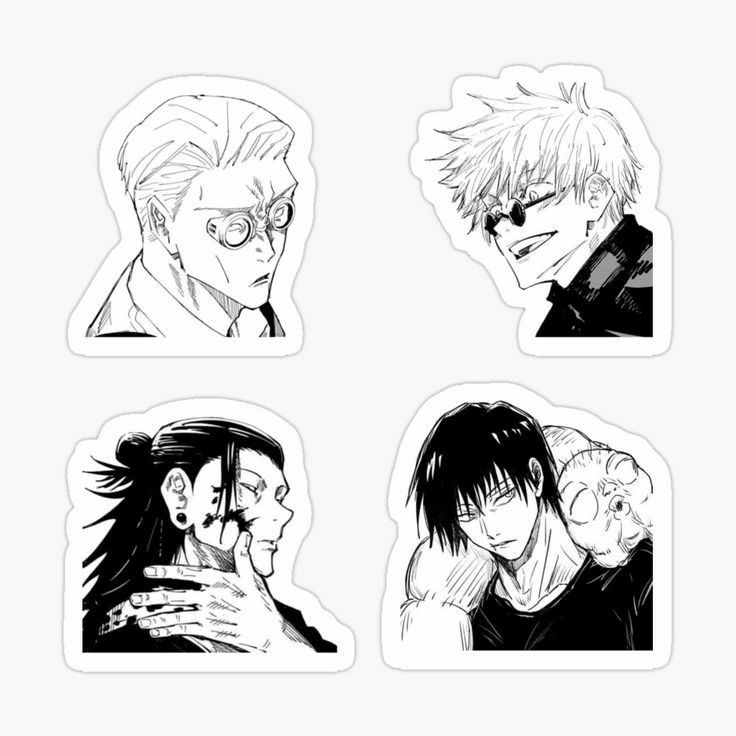 four anime stickers with the same character in black and white, one is holding his head