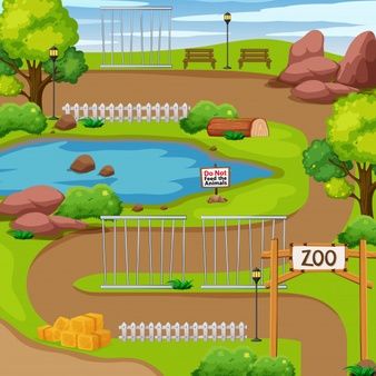 a park scene with a pond and swings