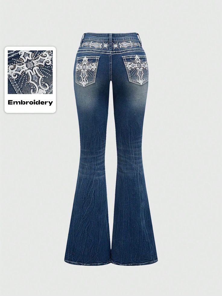 Y2K Vintage Millennium Sexy Pocket Cross Wings Embroidery Women's Slim Flared Jeans Navy Blue    Denim All Over Print,Textured Pattern Flare Leg High Stretch  Women Clothing, size features are:Bust: ,Length: ,Sleeve Length: Miss Me Jeans Size Chart For Women, Jeans With Crosses Y2k, Mexican Pants Jeans, Mexican Pants, Mexican Jeans, Jeans With Gems, Wings Embroidery, Y2k Flare Jeans, Plus Size Y2k