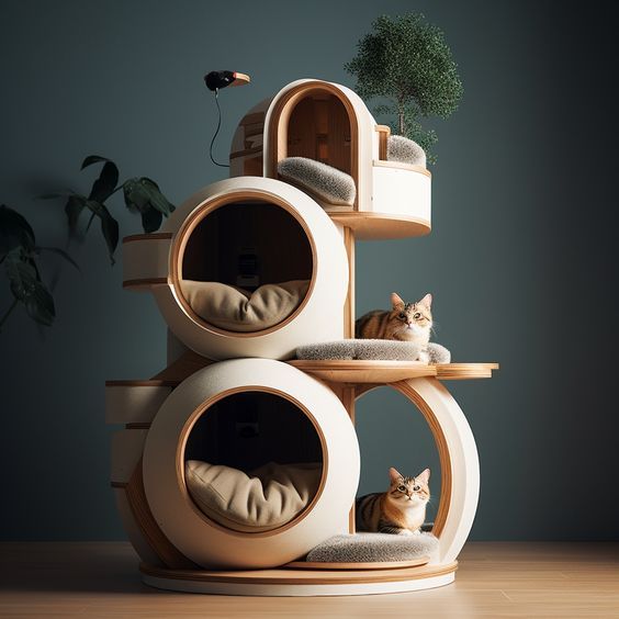 a cat sitting on top of a bed in a house shaped like a tree stump