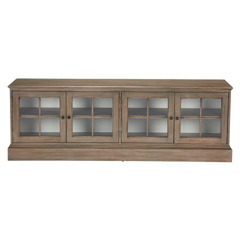 a large wooden cabinet with glass doors on the top and bottom shelf, against a white background