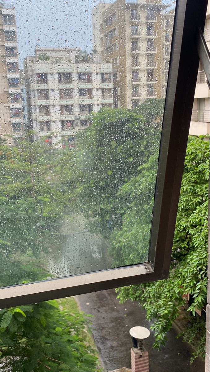 rain is falling down on the windows and trees in front of them, while buildings are seen from outside