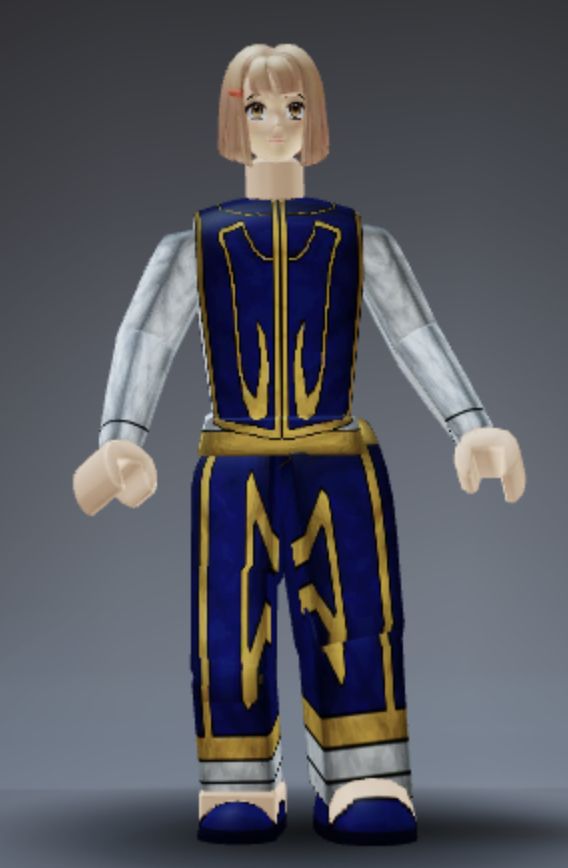 an animated character with blonde hair wearing blue and gold armor, standing in front of a gray background