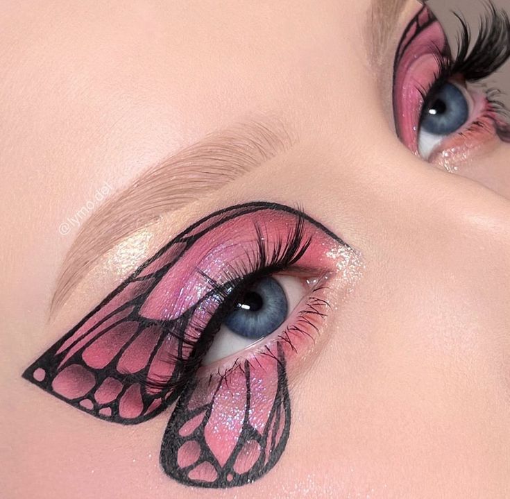 Pink Butterfly Makeup, Makeup Calendar, Butterfly Eyeshadow, Red Eyeshadow Look, Eyeshadow Styles, Butterfly Eyes, Butterfly Makeup, Hallowen Ideas, Pride Makeup