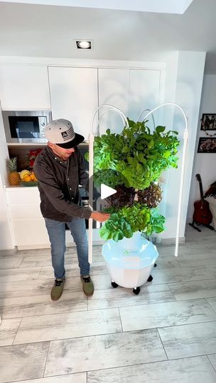 a man standing next to a green plant in a white container on top of a kitchen floor