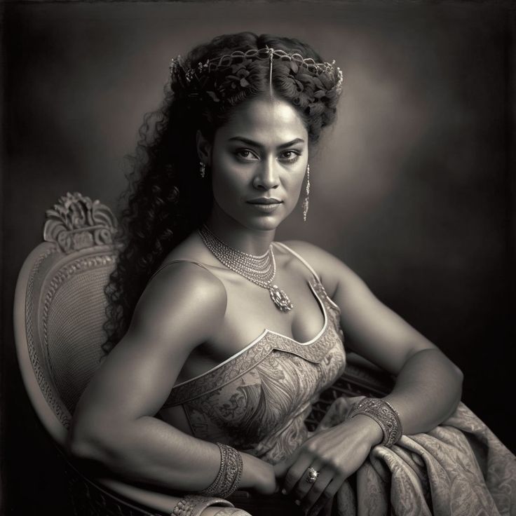 a black and white photo of a woman in an ornate dress sitting on a chair