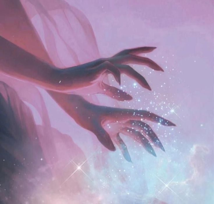 two hands reaching towards each other in front of a pink sky with stars and clouds