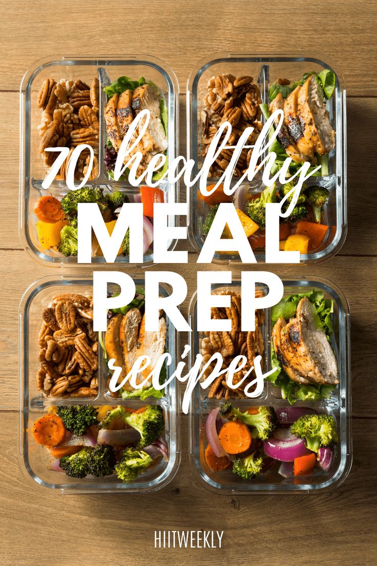 four plastic containers filled with food and the words healthy meal prep recipes written in white