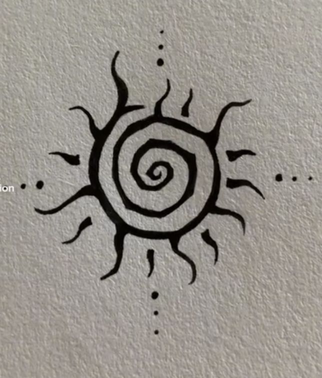 a drawing of a sun with a spiral design on it's back side, in black ink