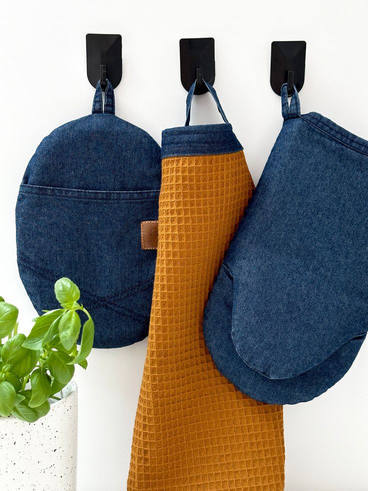 two oven mitts hanging on hooks next to a potted plant and blue jeans