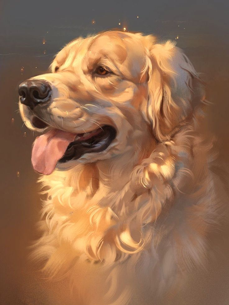 a painting of a golden retriever dog with its tongue out and his eyes closed