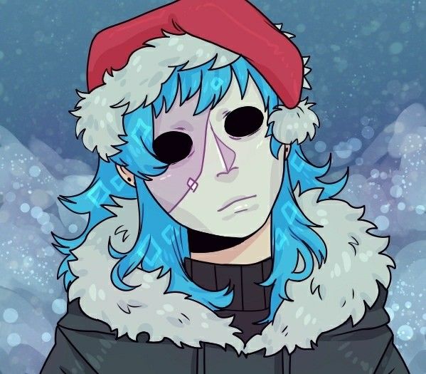 a cartoon character with blue hair wearing a santa hat and black hoodie in the snow