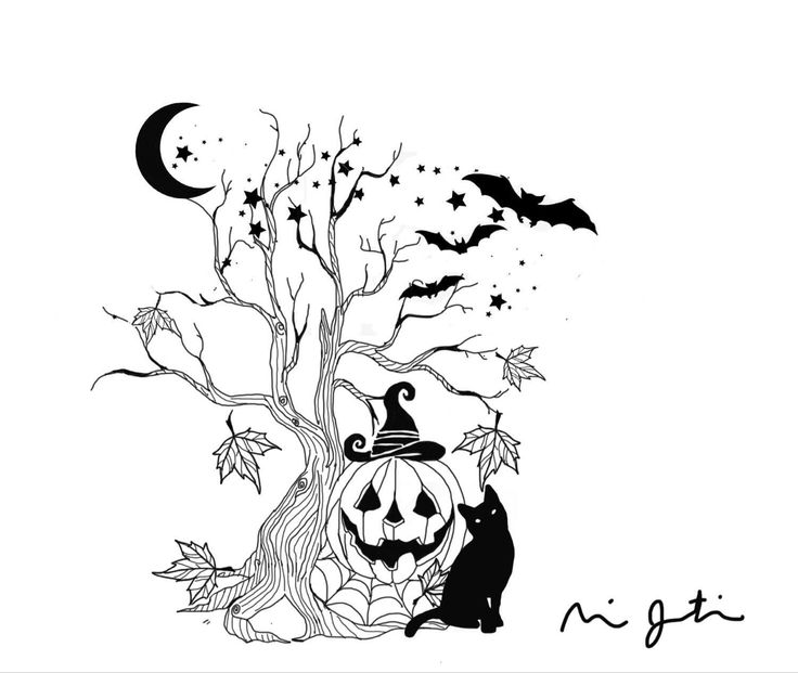 a black and white drawing of a halloween tree with pumpkins, bats and a witch hat