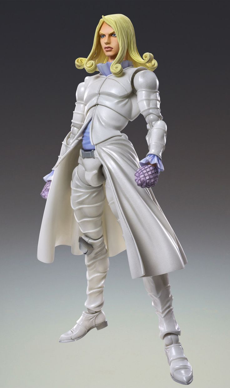 the action figure is dressed in white and has long blonde hair, holding a purple glove