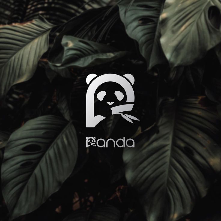 the panda logo is surrounded by green leaves and dark foliage, as well as an image of a panda's head