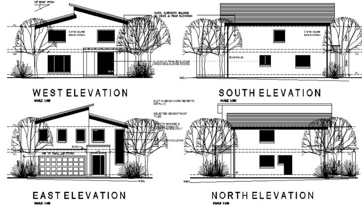 four different types of house plans and elevations for the front, side, and back of