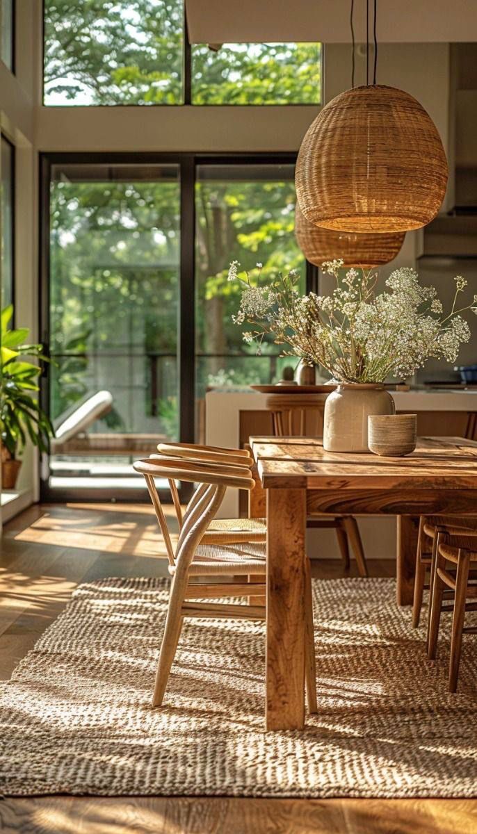 a dining room table and chairs in front of an open window with plants on it