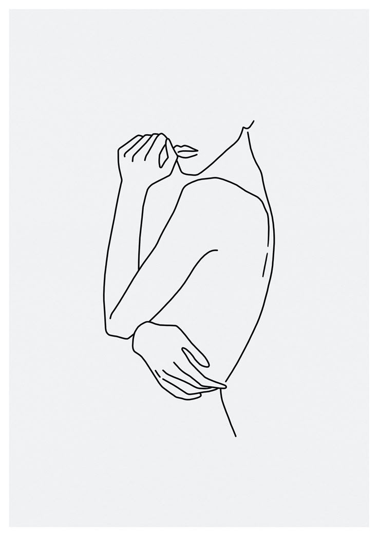 a black and white line drawing of a woman's arm with her hand on her shoulder