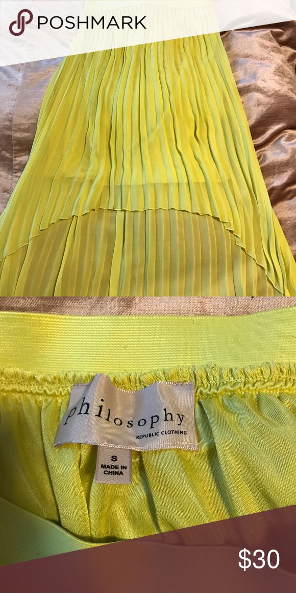 Philosophy Skirt Beautiful yellow color. Sheer towards the bottom with a slip underneath. Longer in the back. Never worn! Philosophy Skirts High Low Yellow Color, The Back, High & Low, High Low, Philosophy, Skirt, Yellow, Fashion Design, Women Shopping