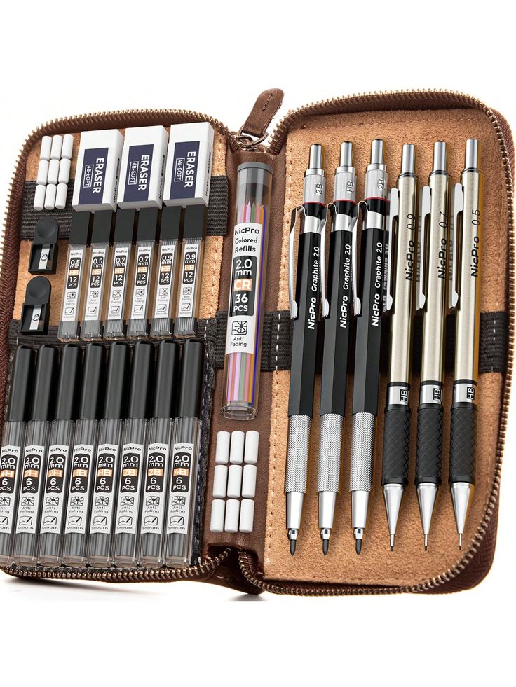 an open leather case with pens and pencils in it