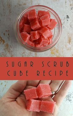 sugar scrubbing cubes in a glass bowl on a white table with text overlay that reads sugar scrubbing cube recipe