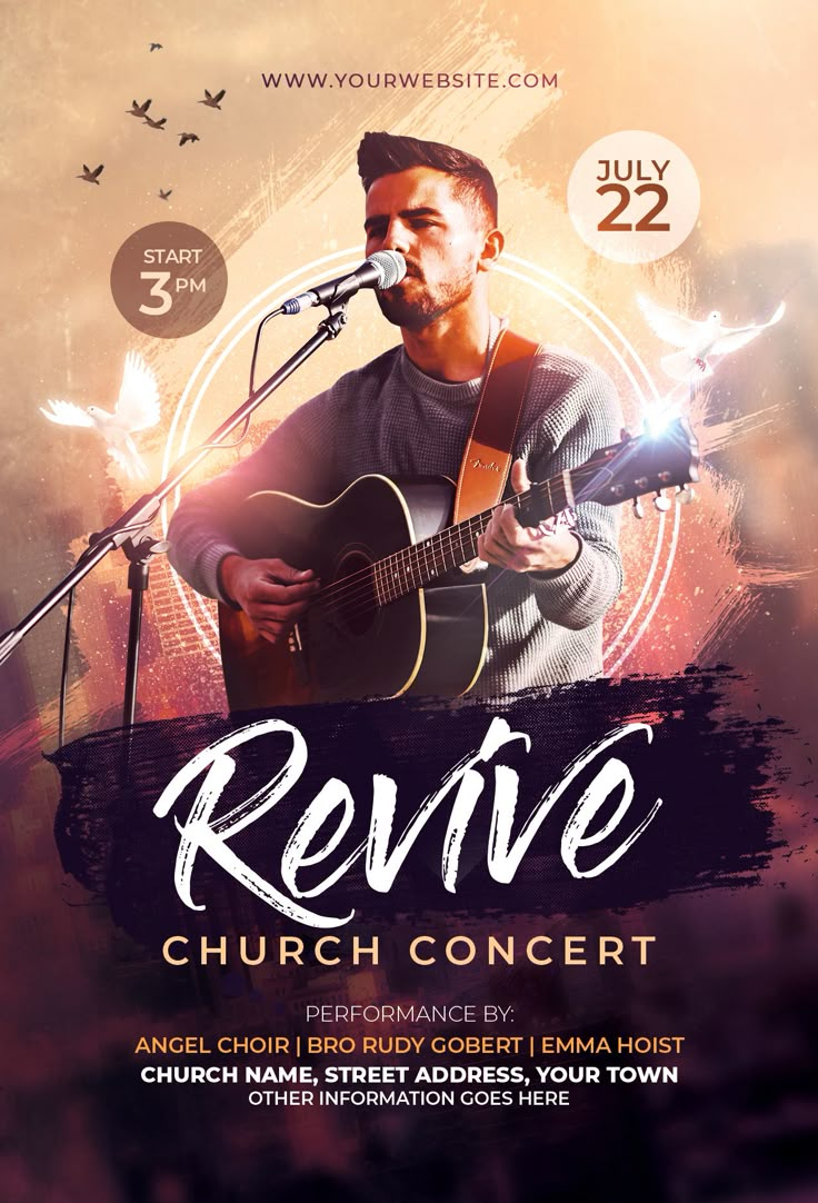 a church concert flyer with a man playing an acoustic guitar in front of a microphone