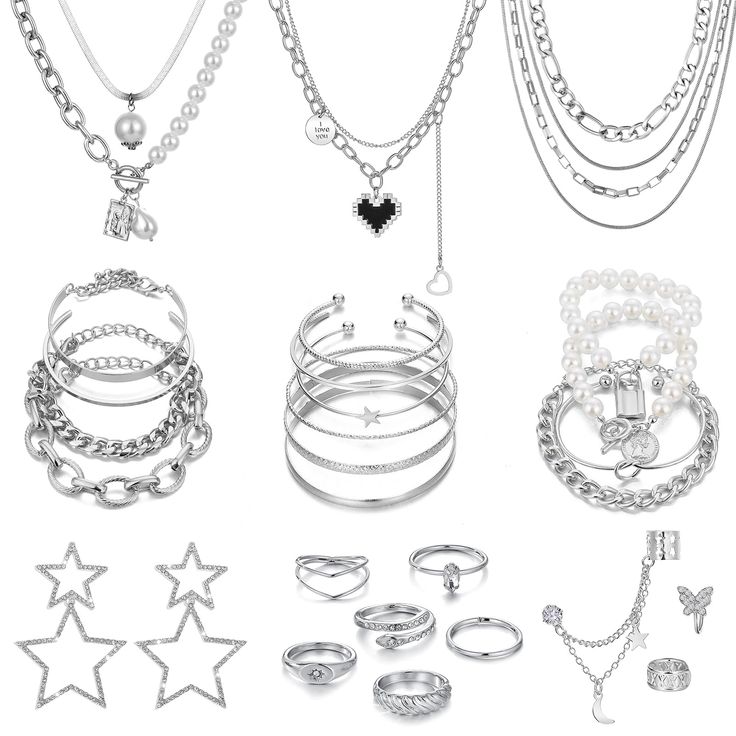 PRICES MAY VARY. 💗SILVER JEWELRY FOR WOMEN: This is an affordable value jewelry set. Includes love Pendant necklace, pearl necklace, silver chain necklace, pearl bracelet, adjustable open cuff bracelet, shiny big star earrings, butterfly ear clips, size 7-8 knuckle rings, etc. 💗QUALITY MATERIALS: Made of high quality alloy, 14K silver plated to ensure a long without faded, that is nickel free, lead free, and hypoallergenic, safe to use. 💗EASY TO MATCH: This set comes in a variety of styles an Anniversary Gift For Friends, Vacation Jewelry, Chunky Chain Necklaces, Gold Jewelry Sets, Packing Jewelry, Ear Cuff Earings, Women's Jewelry Sets, Silver Jewellery Sets, Fashion Jewelry Sets