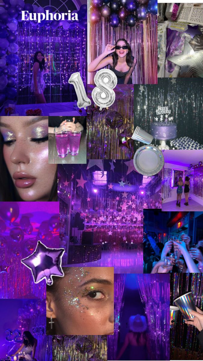 a collage of photos with purple and silver decorations, stars, and people in the background