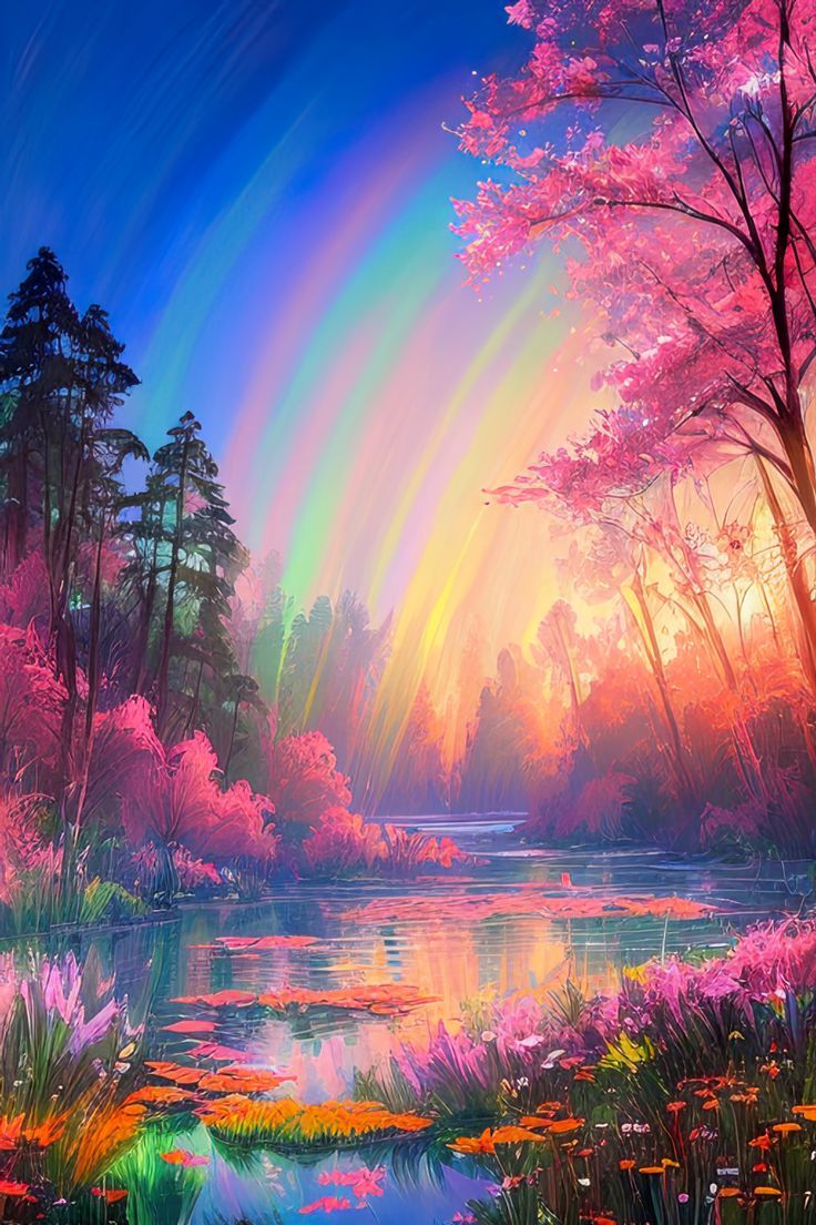 A charming, rainbow-colored river gracefully flows through a forest, creating a captivating scene of nature's wonder in a digital artwork. Ios Rainbow Wallpaper, Pure Wonder, Rainbow River, The Light Is Coming, Fantasy Forest, Soul Art, Rainbow Art, Cellphone Wallpaper, Me When