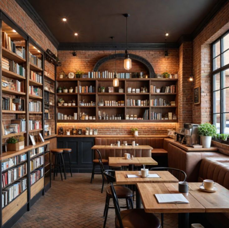 the interior of a restaurant with tables, chairs and bookshelves on the wall