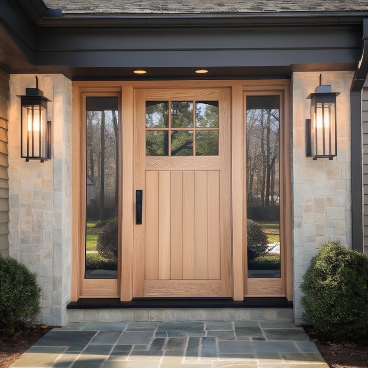 a front door with two lights on each side