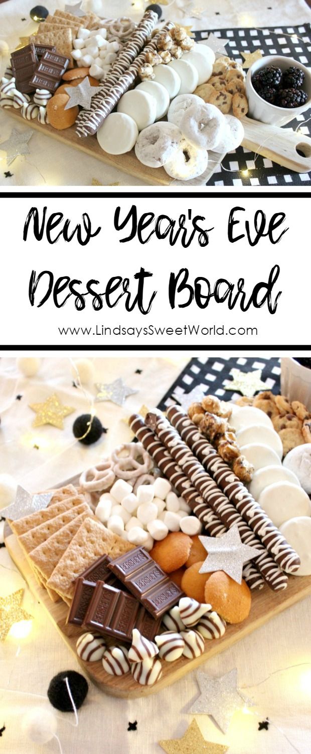 new year's eve dessert board with chocolate, marshmallows and pretzels