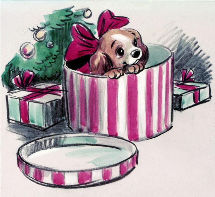 a drawing of a dog in a christmas tin with presents around it and a tree