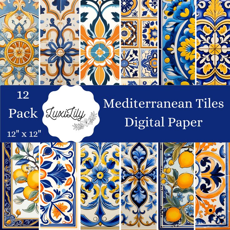 12 pack mediterranean tiles digital paper with oranges and blue flowers on the bottom, in different colors