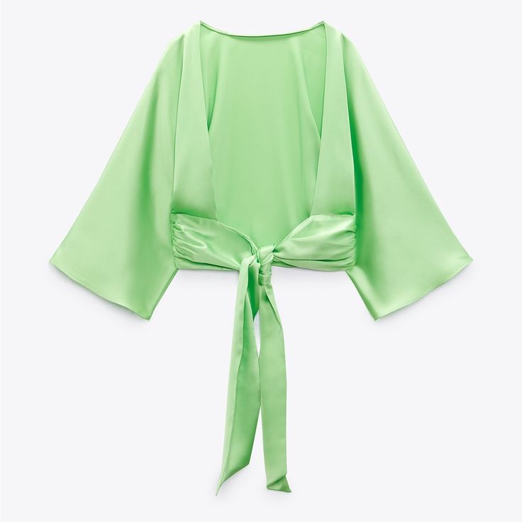 Nwt Zara Satin Effect Tied Top Size Xs Original Price $119 Spring Wrap Top With Tie Back, V-neck Top With Tie Waist For Party, Spring Tie Back Wrap Top, Party V-neck Top With Tie Waist, Party Top With Tie Waist And V-neck, Spring Party Blouse With Tie Waist, Chic Spring Wrap Top With Tie Back, Chic Green Tops With Tie Waist, Fitted Tops With Tie Waist