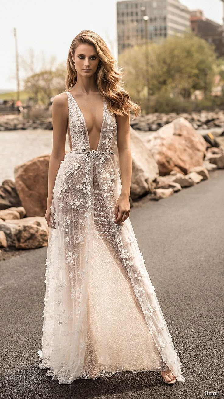 berta spring 2018 bridal sleeveless deep plunging v neck full embellishment sexy a  line wedding dress open back sweep train (14) mv -- Berta Spring 2018 Wedding Dresses Deep Plunge Wedding Dress, Plunge Wedding Dress, Wedding Dress Bra, Berta Wedding Dress, Berta Bridal, Mode Editorials, Sheer Wedding Dress, Aline Wedding Dress, Wedding Dresses 2018