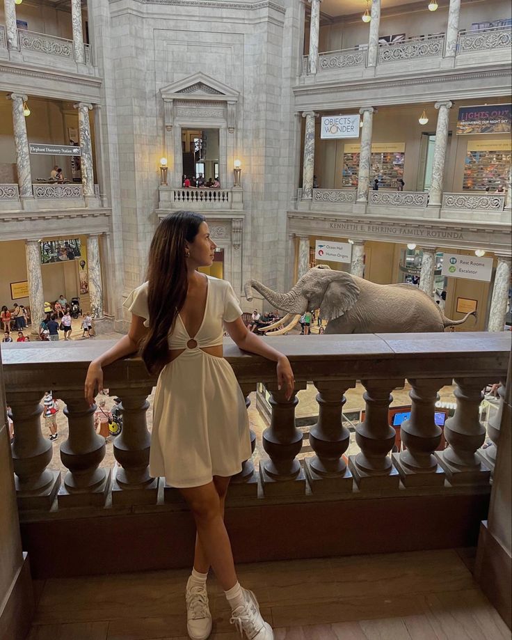 a woman is standing on a balcony looking at an elephant in a museum with other people