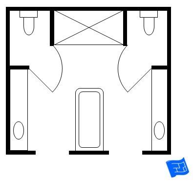 a floor plan for a bathroom with the toilet and sink in one area, and an open shower stall on the other side