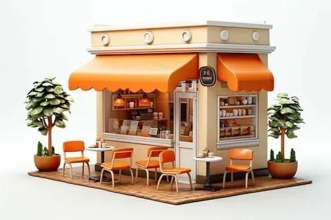 an orange awning on the front of a small store with chairs and tables outside