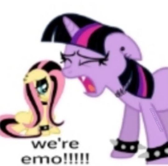 an image of a cartoon pony with its mouth open and the caption we're emo