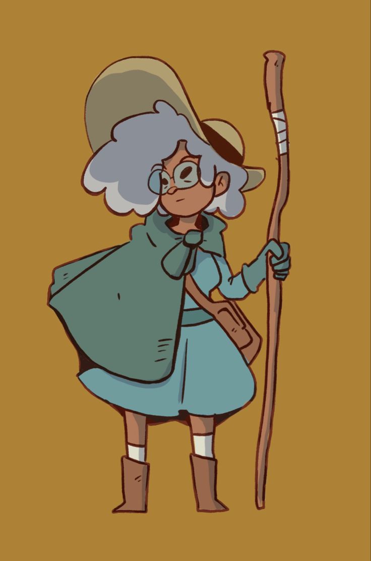 an old woman with glasses and a hat is holding a stick in one hand and wearing a blue dress on the other