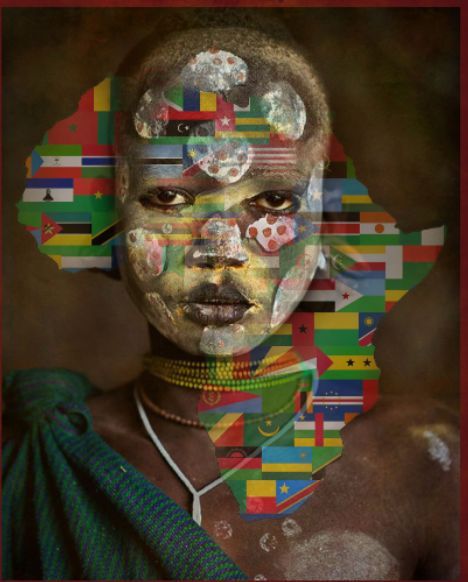 a woman's face is covered in multicolored images