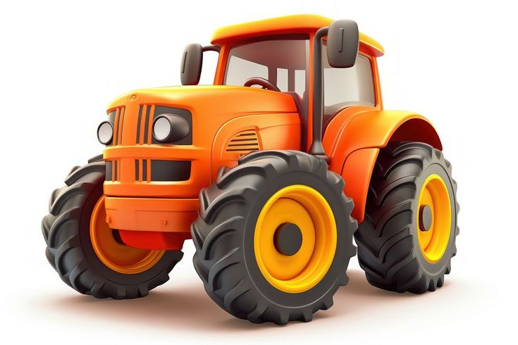 an orange toy tractor with big wheels on a white background