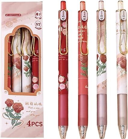 three pens are in the package and one is red, white, and pink with flowers on it