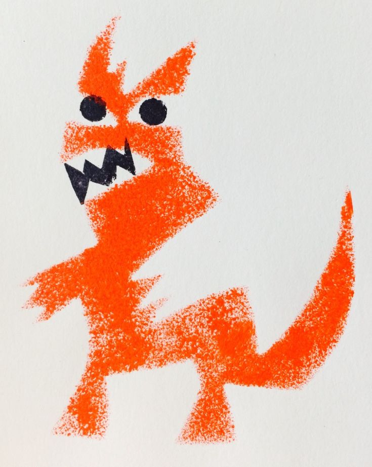 an orange drawing of a cartoon character with sharp teeth and big eyes, on white paper