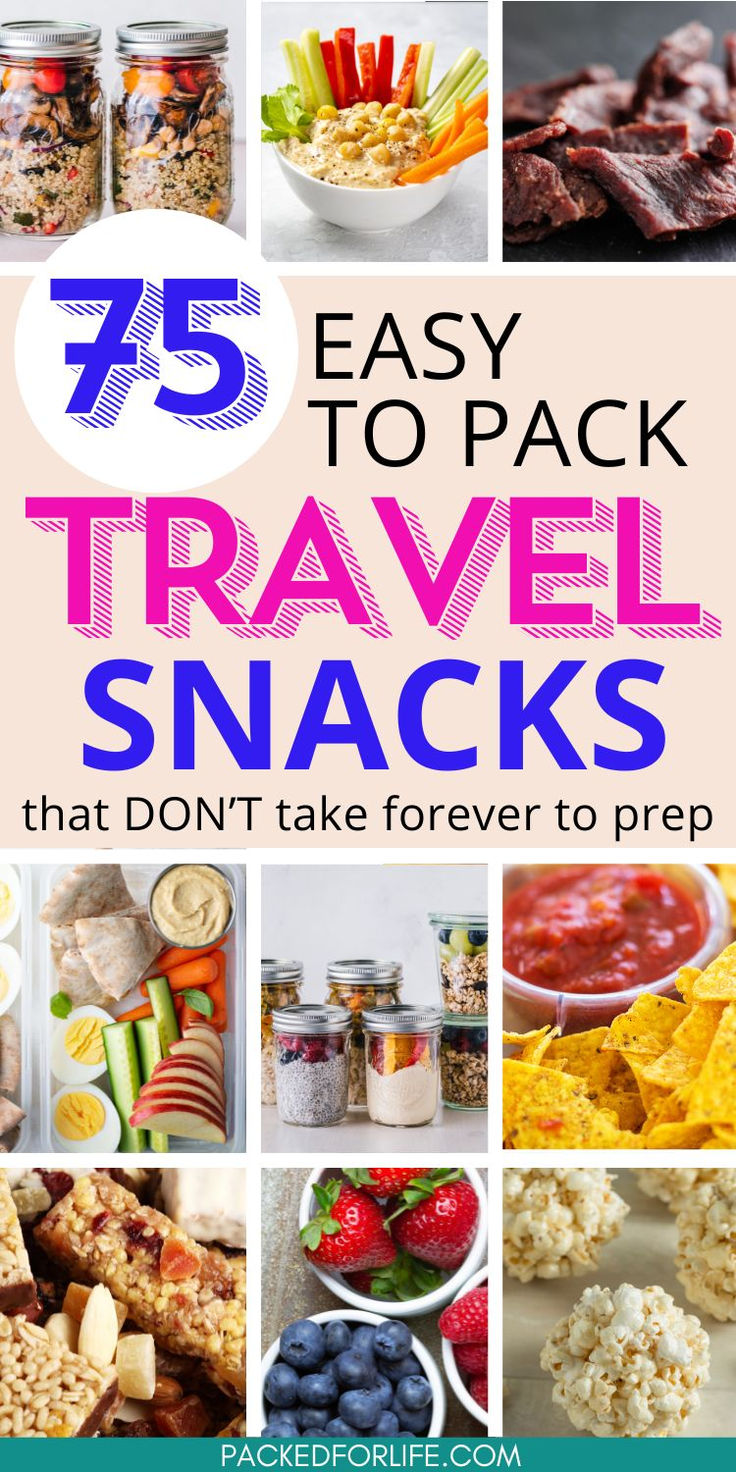 Nine travel snack ideas; chips and salsa, popcorn bowls, berries, granola bars, boiled egg, hummous & pita, jars of chia  pudding, veggies and dip, beef jerky. Snacks For Kayaking Trips, Food For The Road Travel, Food For Road Trips With Kids, Healthy Snacks To Pack For Travel, Best Travel Food To Pack, Packable Snacks For Adults, Healthy Snacks Travel, Breakfast Road Trip Ideas, Traveling Snacks Roadtrip