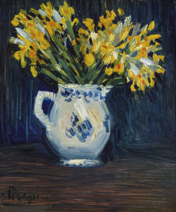 a painting of yellow flowers in a blue and white vase