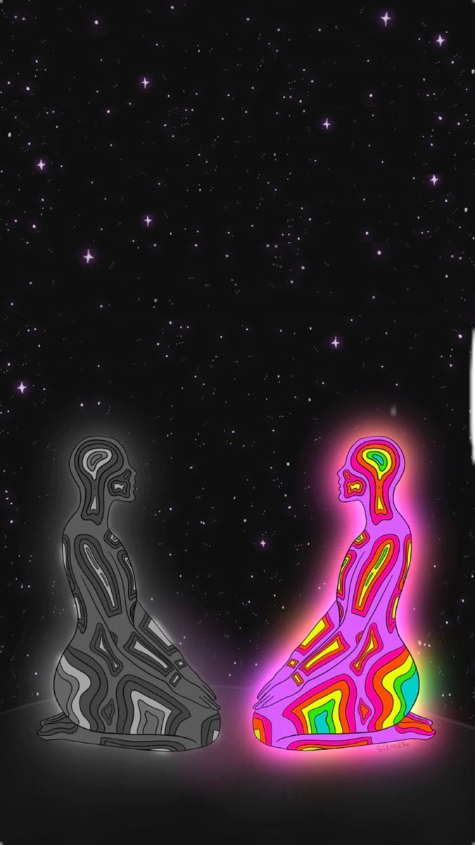 two abstract figures sitting in the dark with stars behind them, one is neon and the other is black