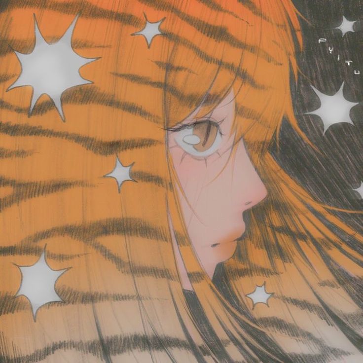 a drawing of a girl with orange hair and stars on her head, looking to the side